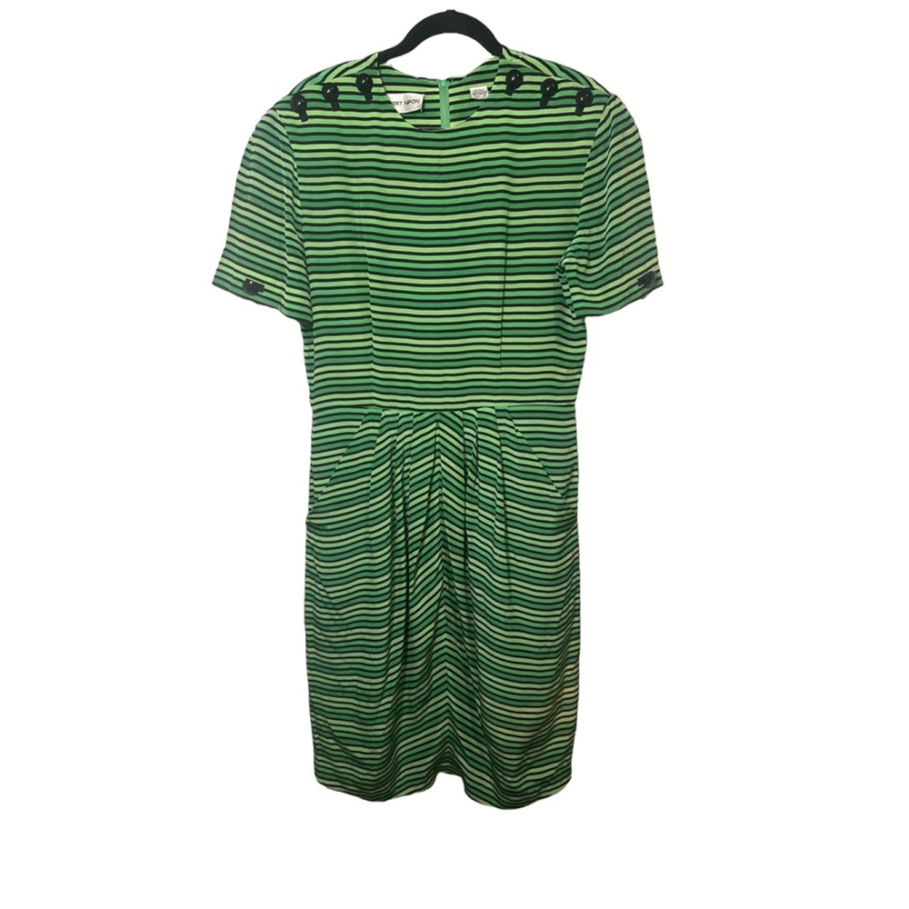VINTAGE ALBERT NIPÓN Size 14 Green Black Striped Silk Dress with Pockets
